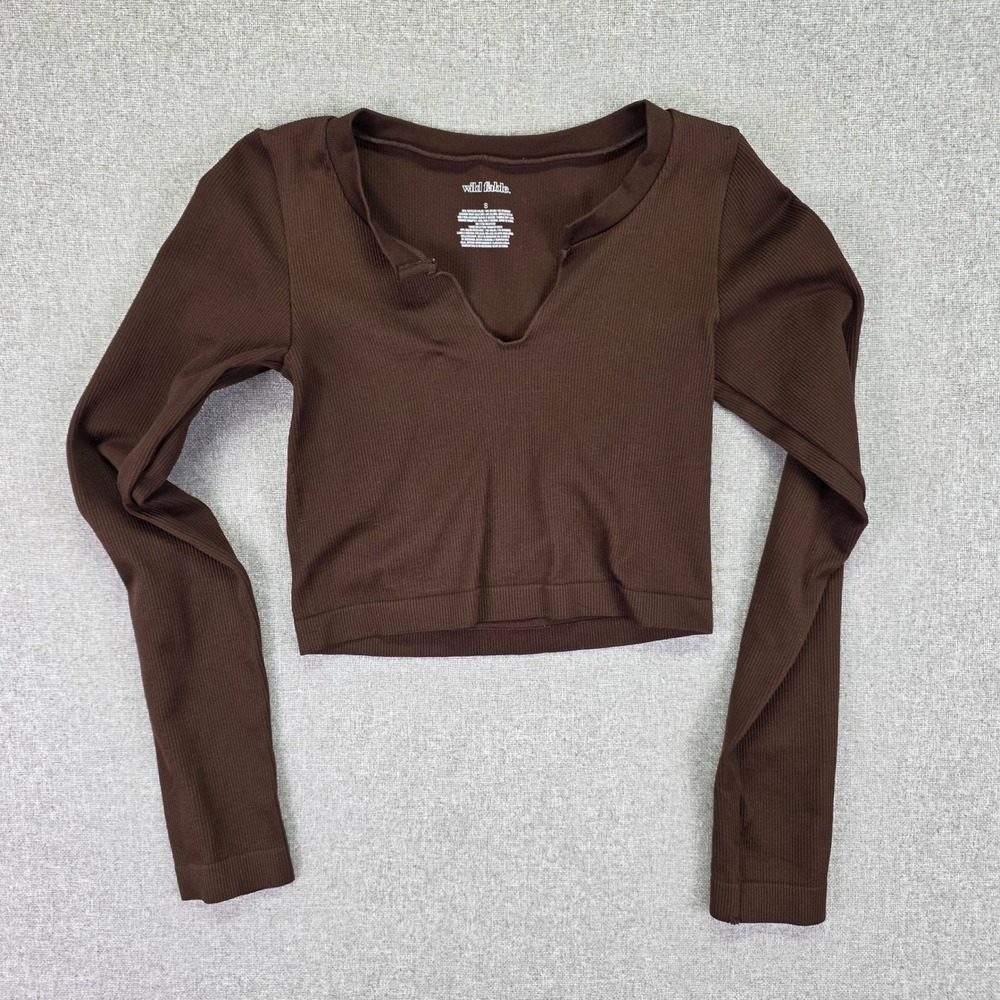 Bodycon Silhouette Y2K Brown Ribbed Long Sleeve Notched V-Neck Crop Top Small